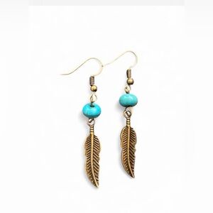 Boho Bronze Feather & Turquoise Bead Earrings